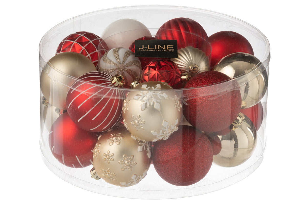 Kerstballen doos van 30 – kunststof, kerstrood en goud