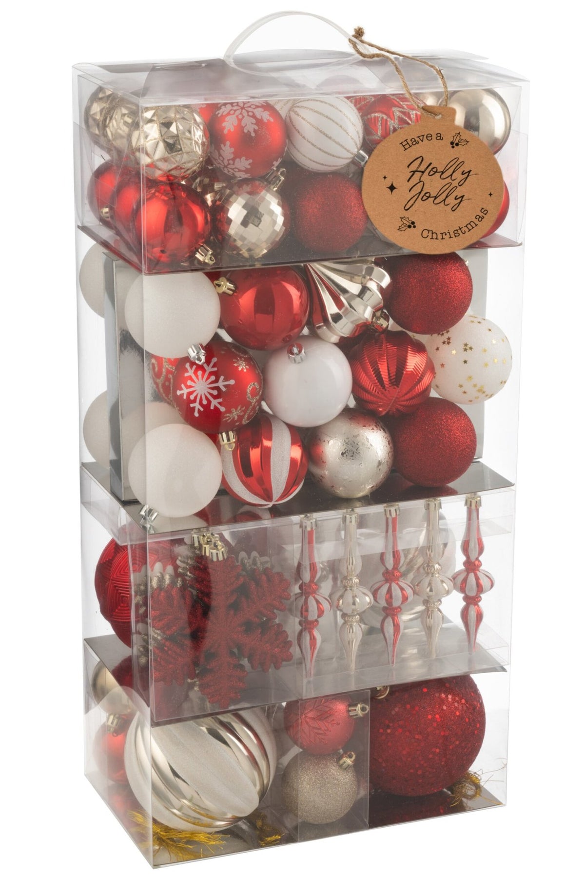 Kerstballen doos van 80 – kunststof, kerstrood en goud, 30×18×58 cm