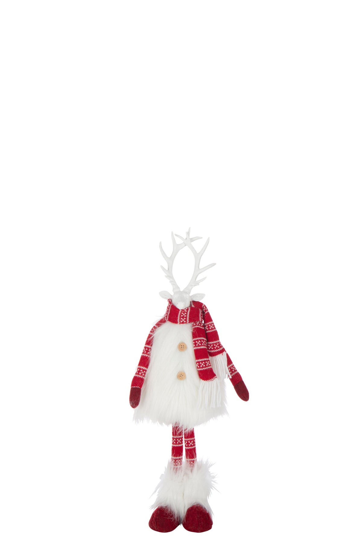 Hert met vacht en sjaal klein – polyester, wit en kerstrood, 13×10×54 cm