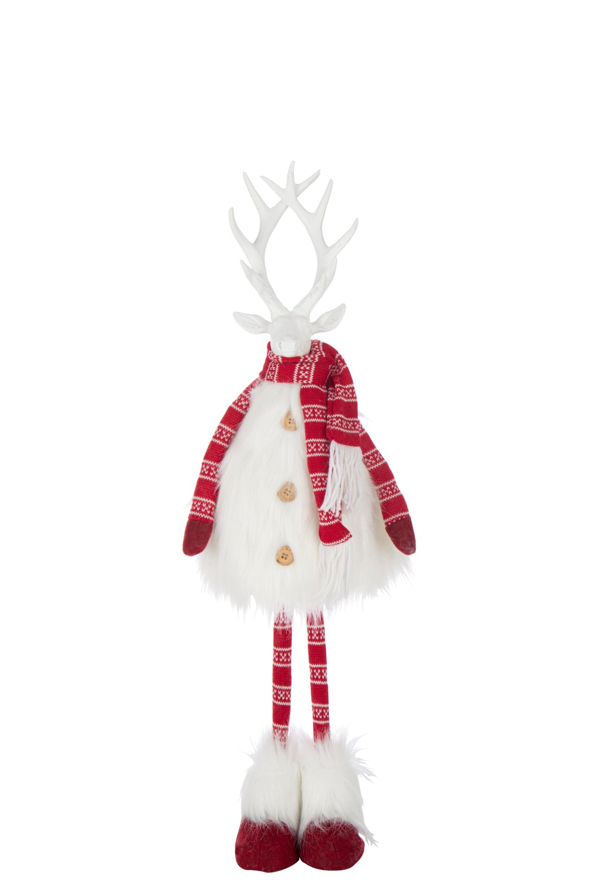 Hert met vacht en sjaal middel – polyester, wit en kerstrood, 17×14×77 cm