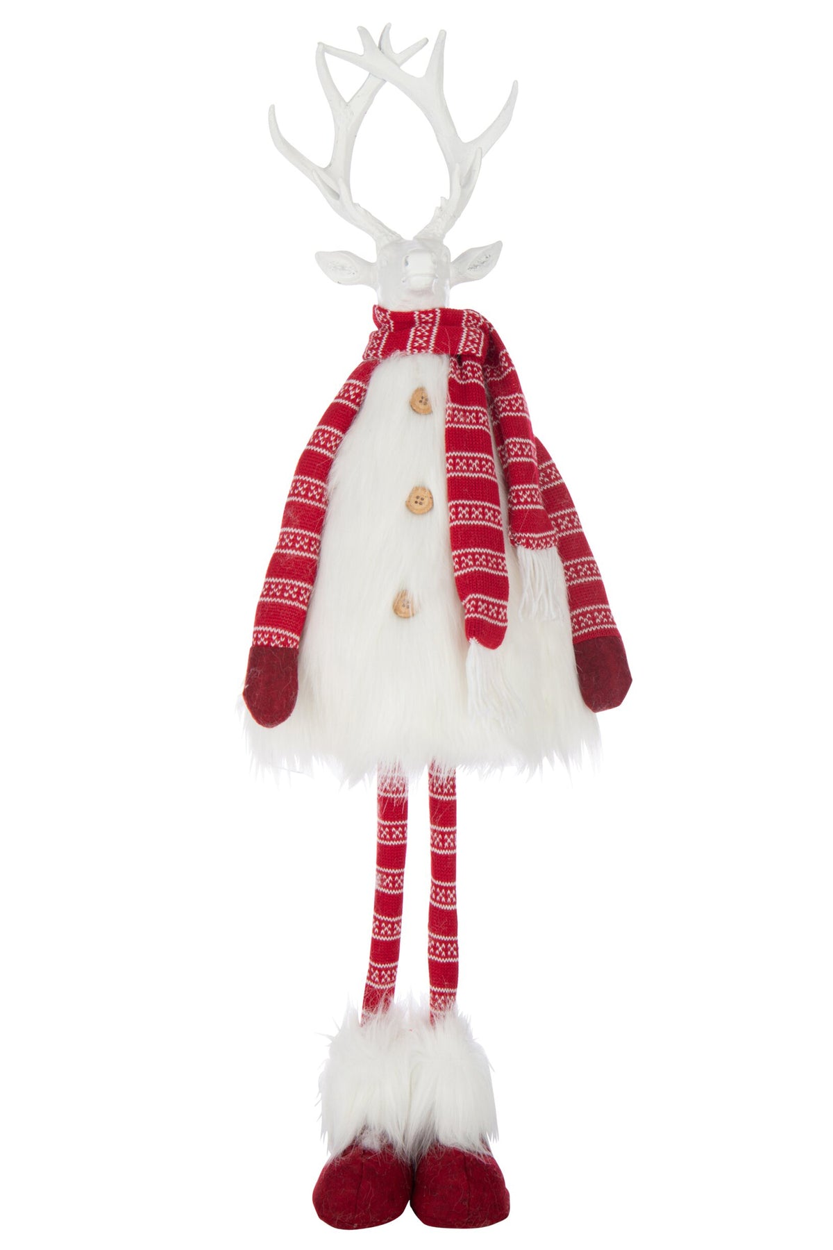 Hert met vacht en sjaal groot – polyester, wit en kerstrood, 22×20×93 cm