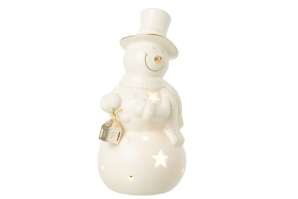 Sneeuwpop met LED groot – porselein, ecru, Ø11×21,5 cm