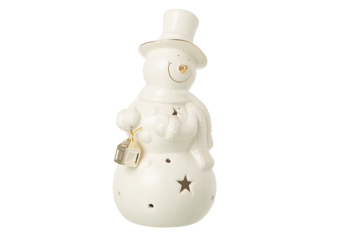 Sneeuwpop met LED groot – porselein, ecru, Ø11×21,5 cm