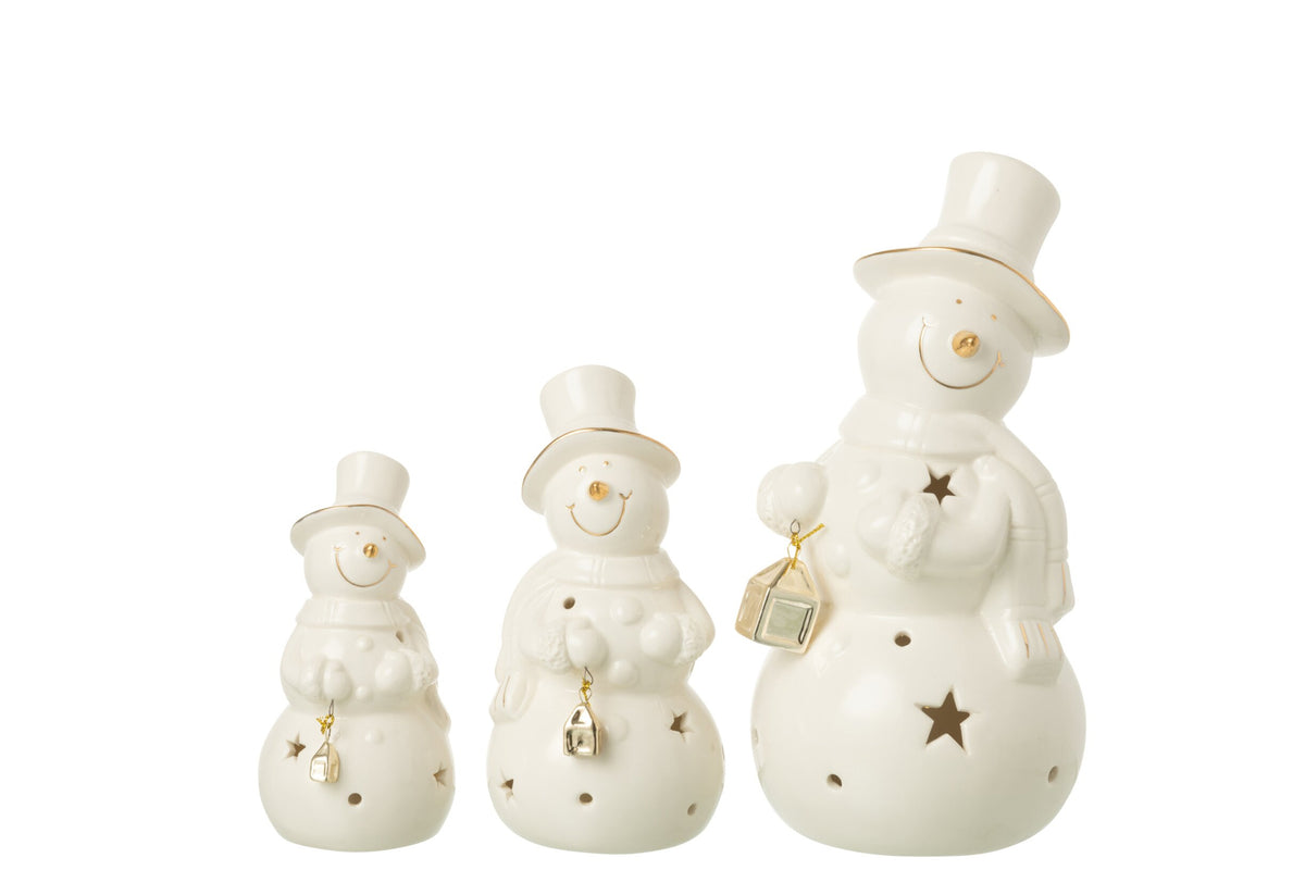 Sneeuwpop met LED groot – porselein, ecru, Ø11×21,5 cm