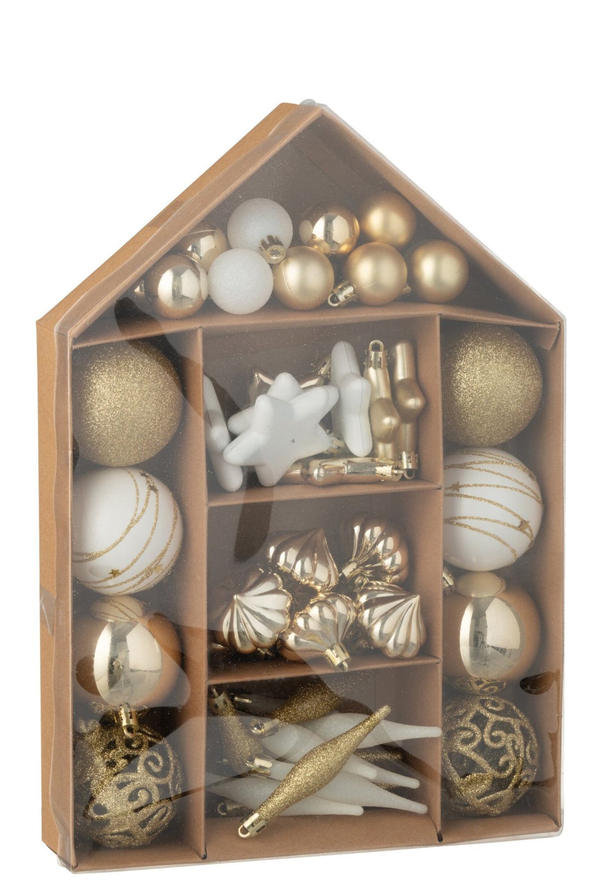 Kerstballen doos van 50 – kunststof, goud en wit, 24×6×34 cm