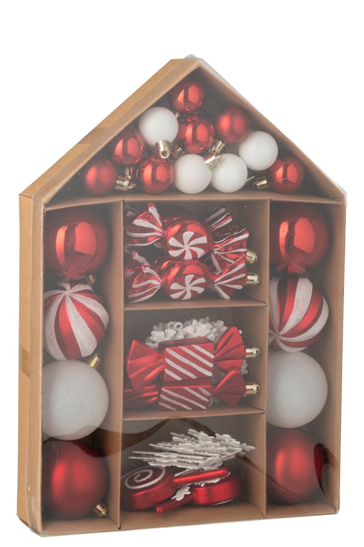 Kerstballen doos van 59 – kunststof, kerstrood en wit, 24×6×34 cm