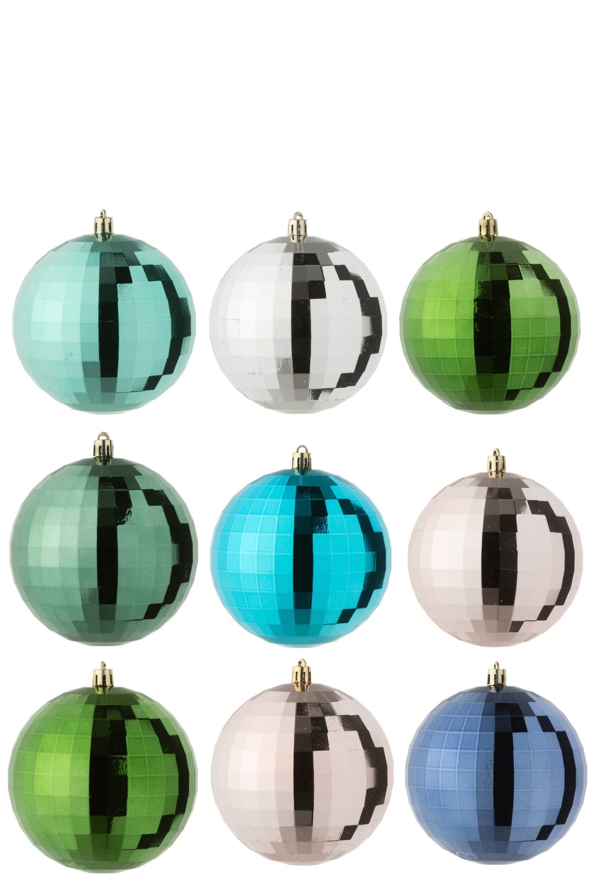 Kerstballen disco doos van 9 – kunststof, meerkleurig, 30×30×10 cm