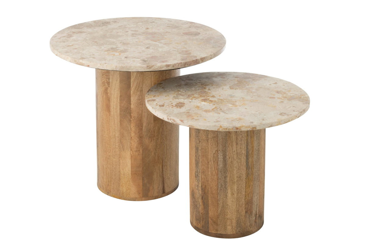 Bijzettafels Rond – marmer en mangohout, beige, set van 2