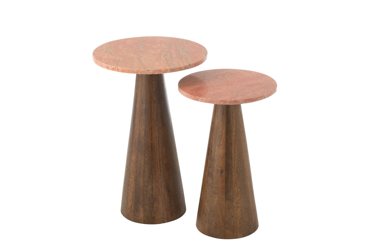 2er Set Beistelltisch Rund Marmor Terrakotta/Dunkelbraun