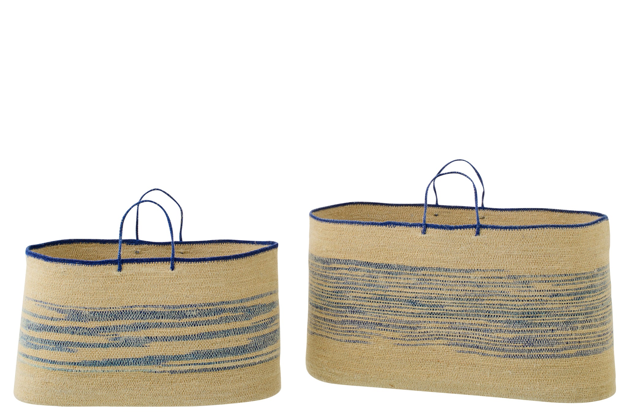 Set Of 2 Basket With Handle Striped Seagrass Natural/Blue