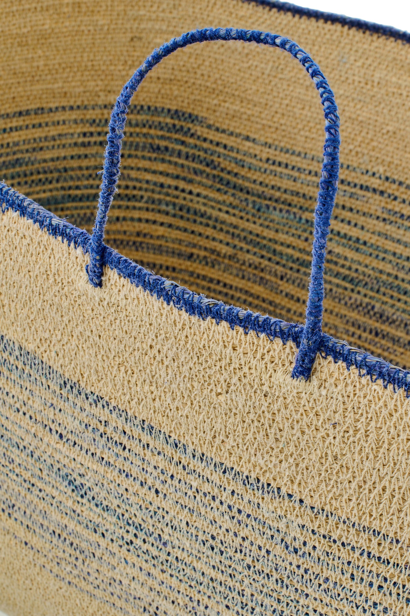 Set Of 2 Basket With Handle Striped Seagrass Natural/Blue