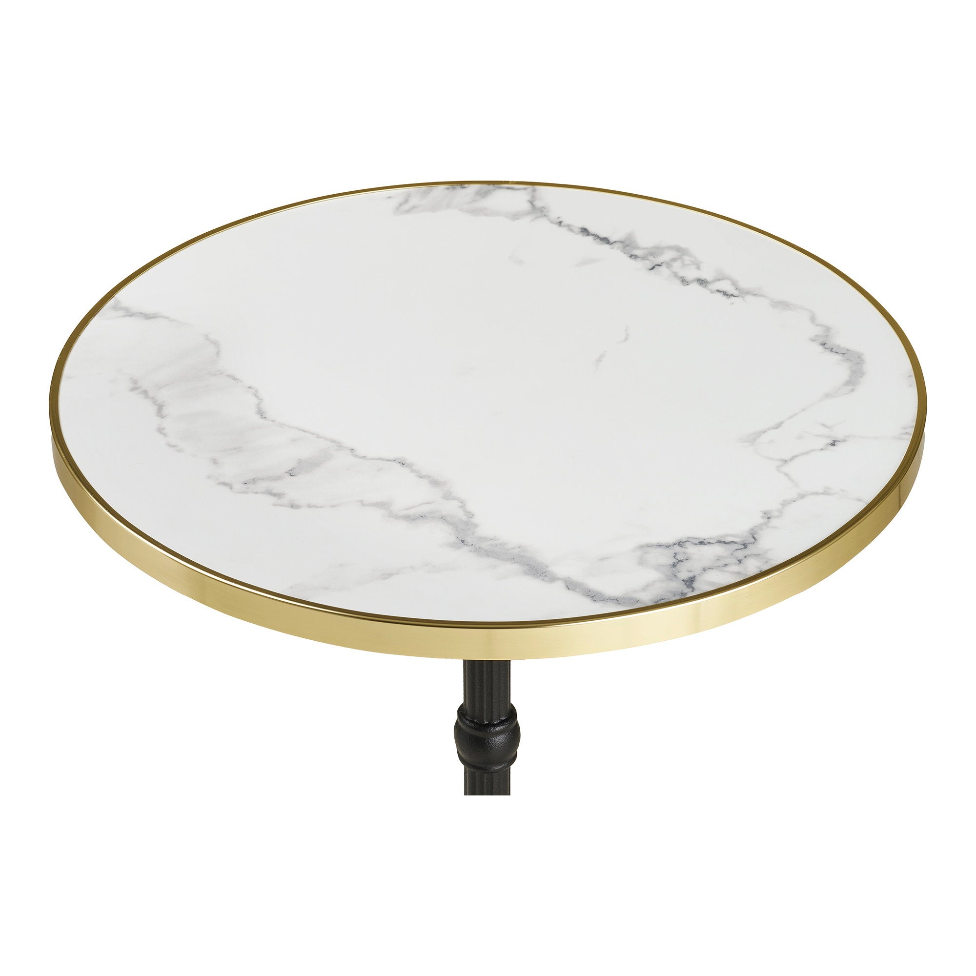 Bistrotisch – Bistrotisch, Marmor-Optik, weiß mit goldenem Rand, schwarze Beine, Gusseisen ø60x73 cm