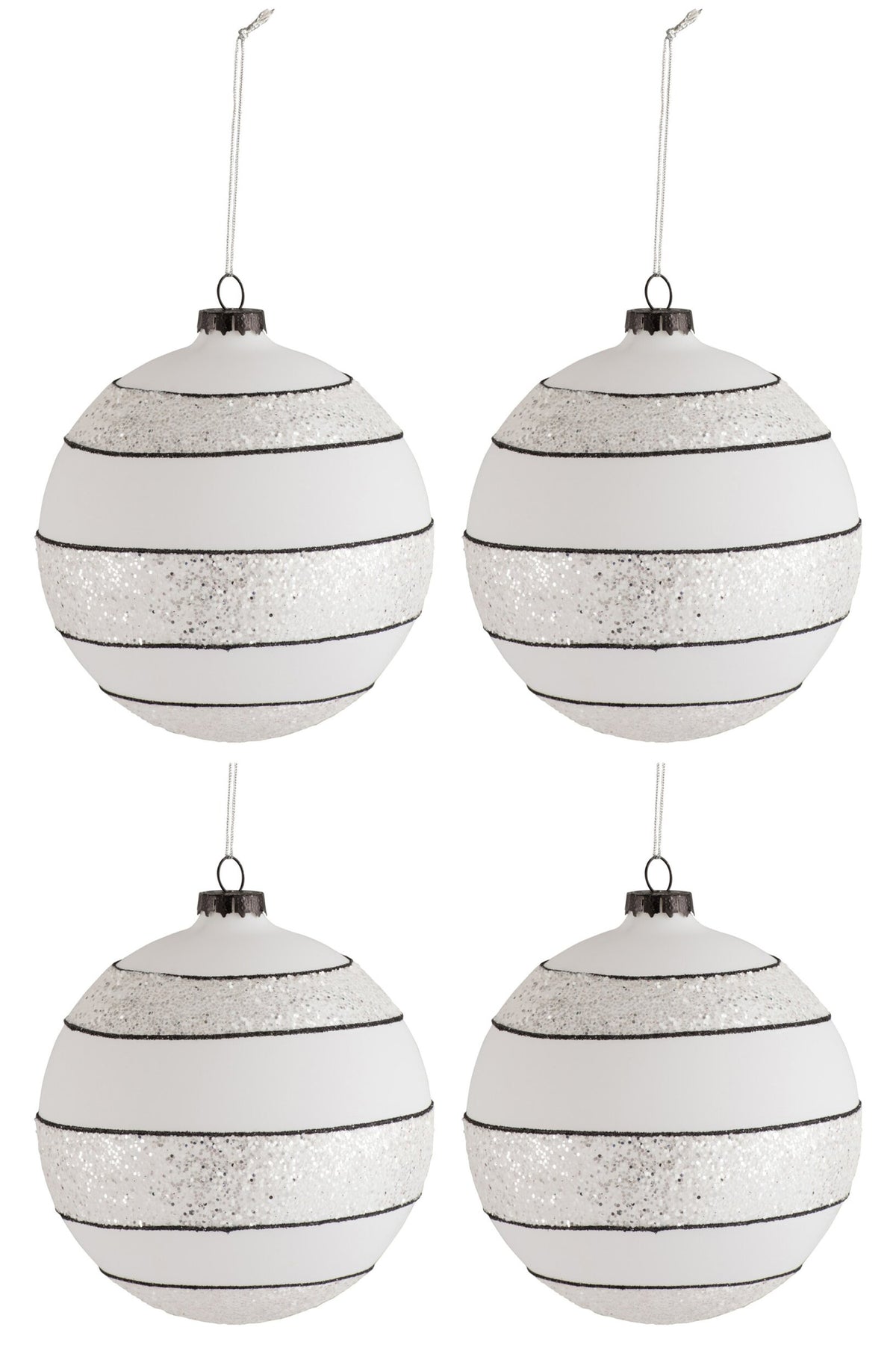 Kerstballen strepen en glitter doos van 4 – glas, zwart en wit, Ø10 cm