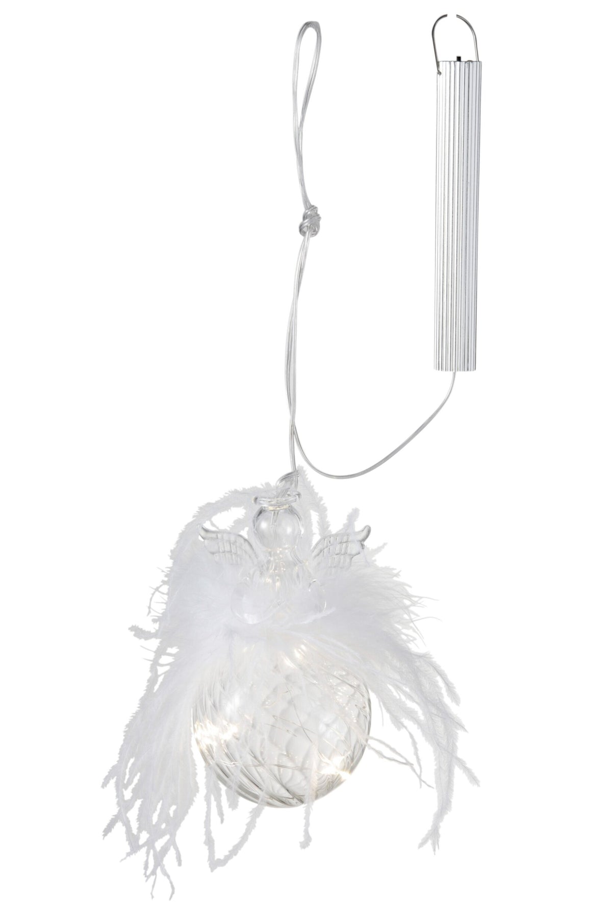 Kerstbal engel met LED en veer klein – glas, transparant, 13,5 cm
