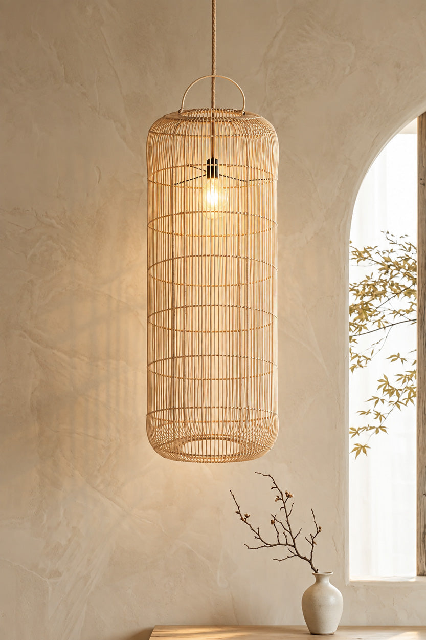 Suspension Bozelo – rotin, naturel, ø50×120 cm