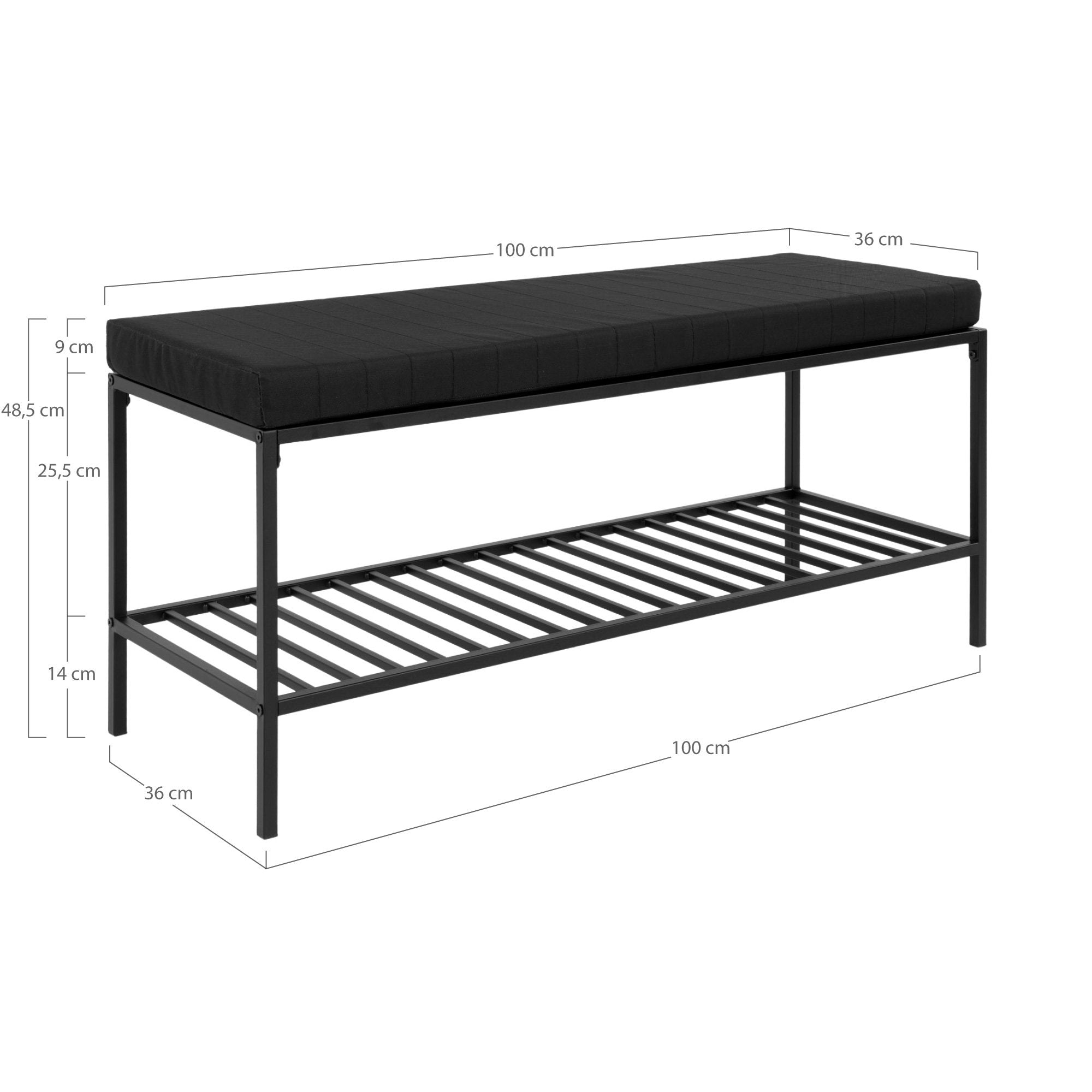 Vita bank met kussen en schap – zwart met zwarte poten, 100x36x48,5 cm