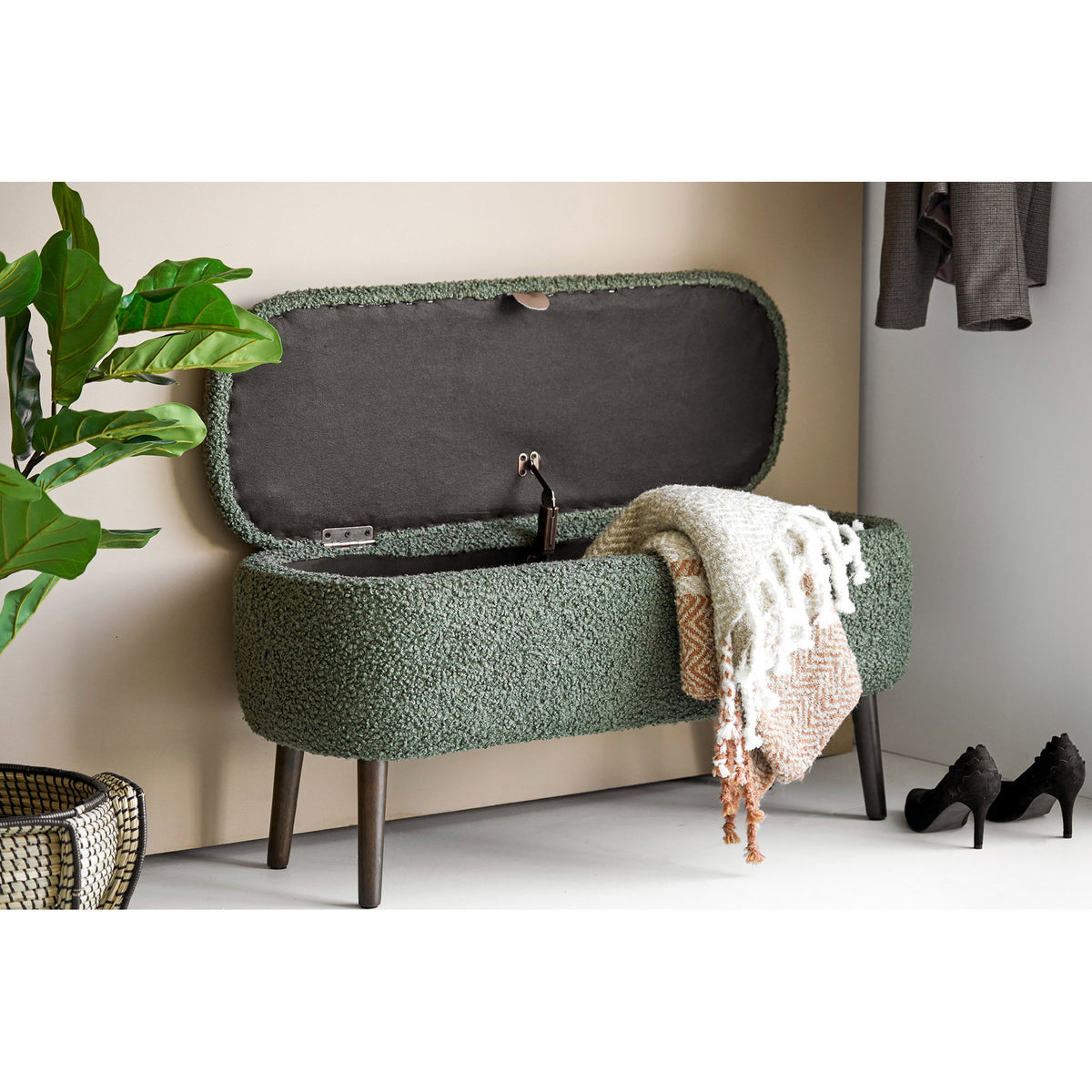 Zitbankje Harlow – teddystof, groen, 95x37x45 cm