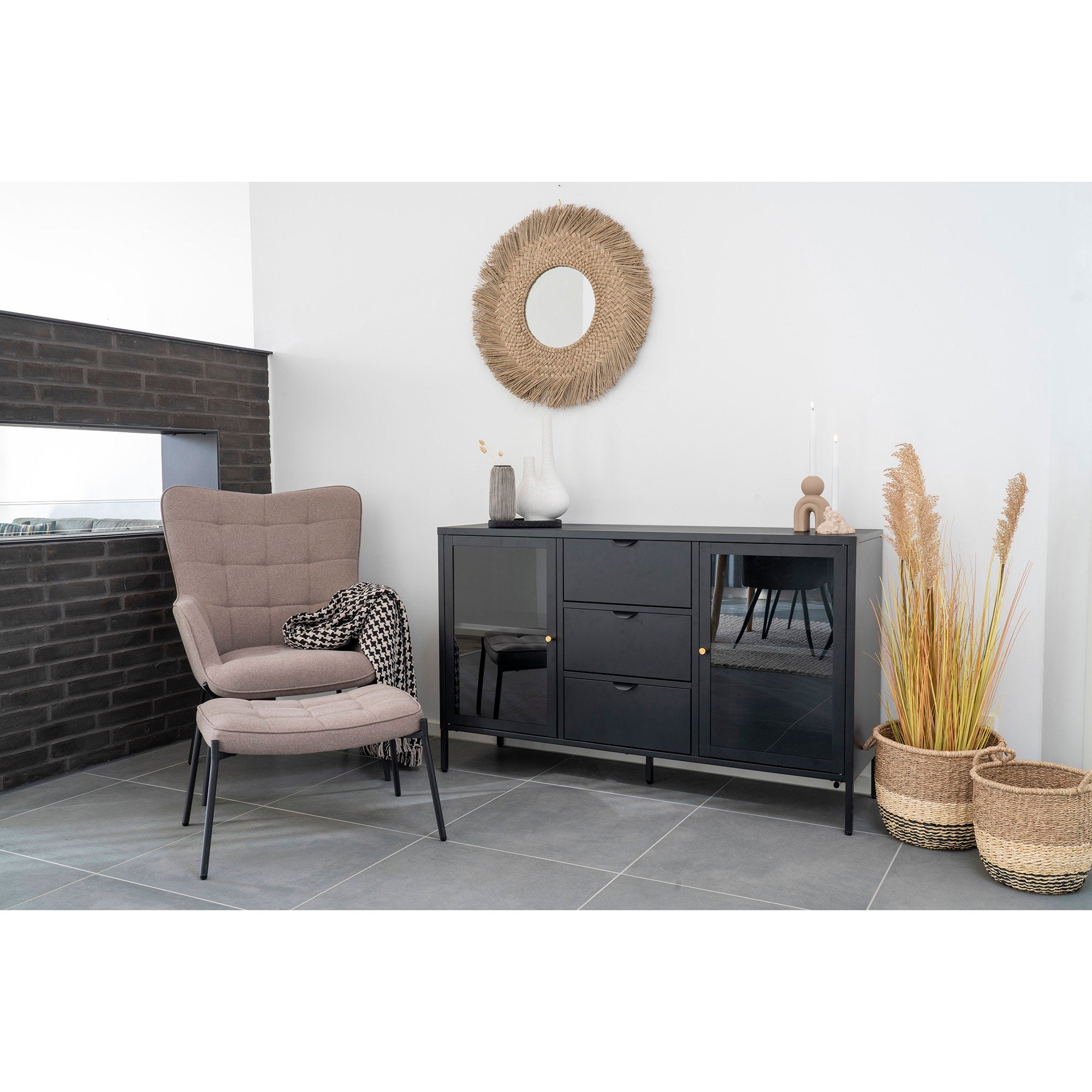 Hocker Glasgow – Polyester, Stein, schwarze Beine, 63×42,5×39 cm