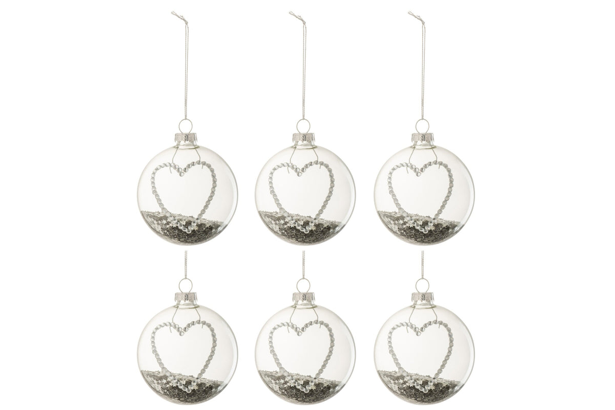 Kerstballen doos van 6 hart met strass – glas, transparant en zilver, Ø8 cm
