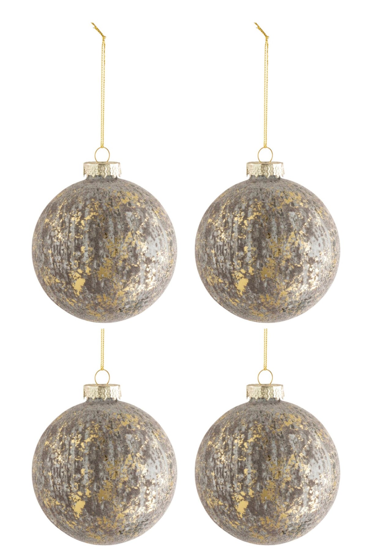 Kerstballen velvet doos van 4 – glas, antiekgrijs en goud, Ø10 cm