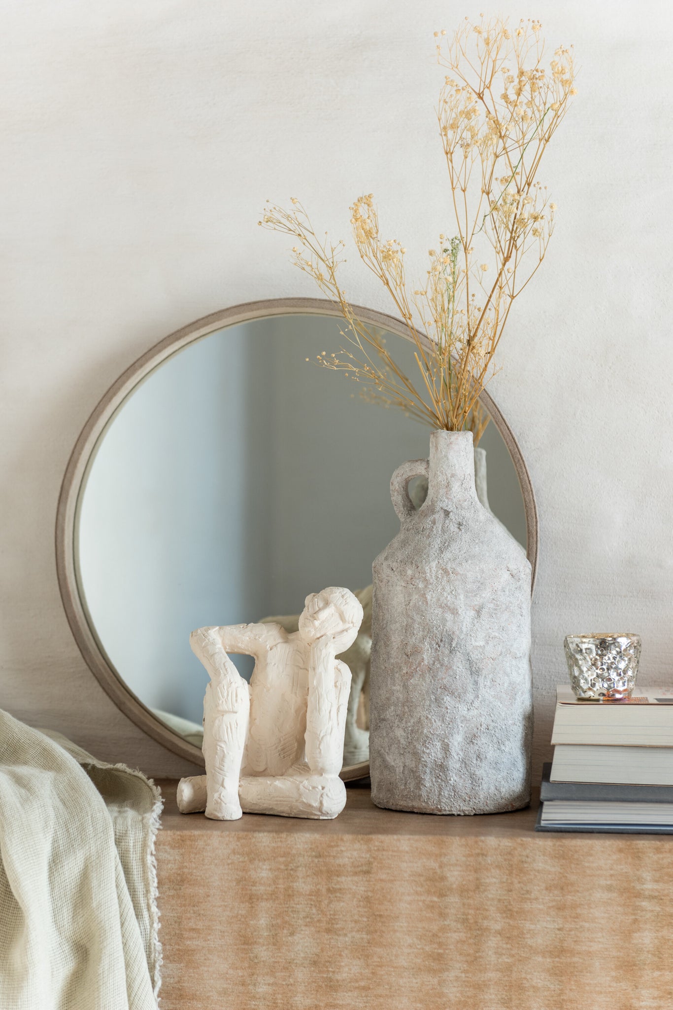 Mirror Round Leather Beige Small