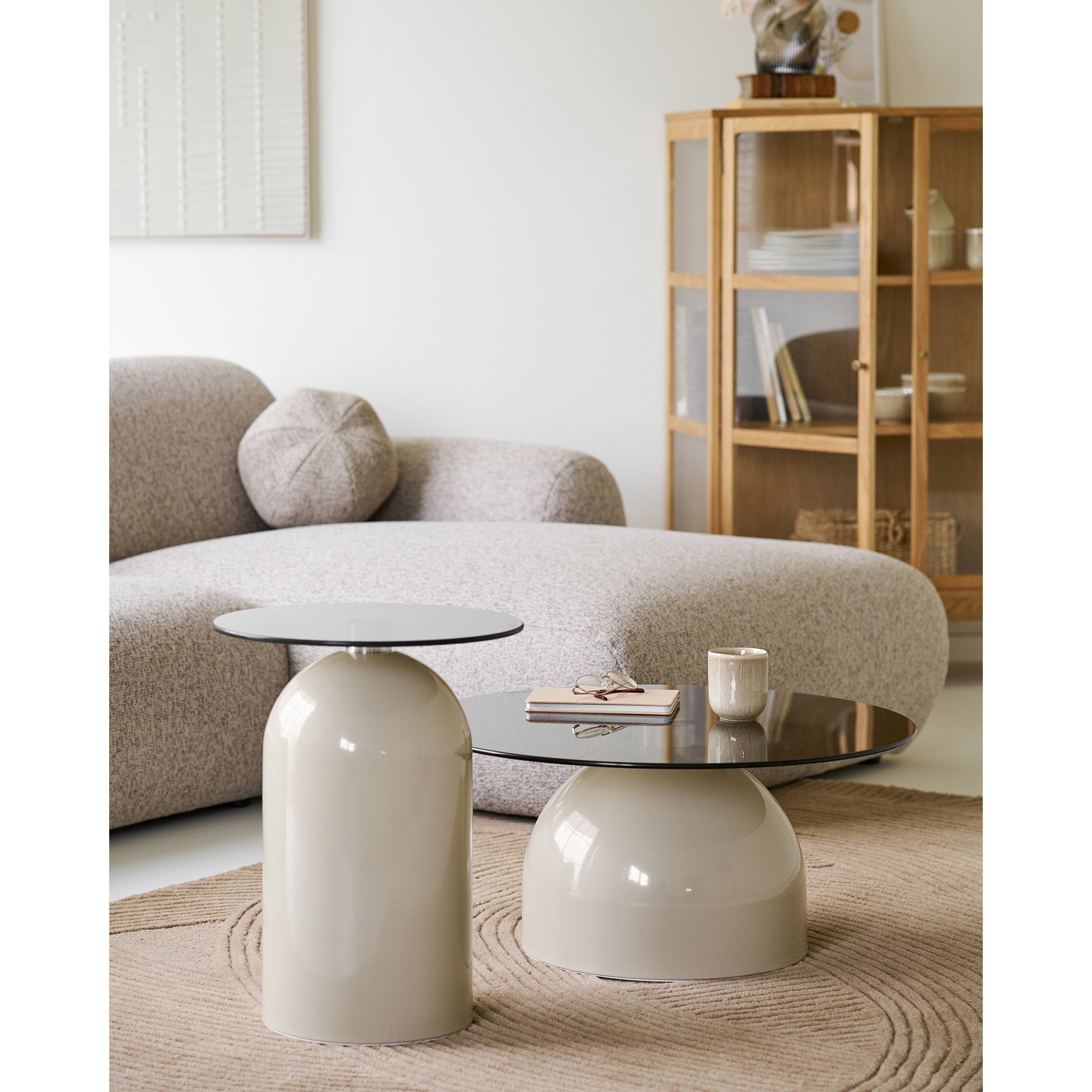 Ravello salontafel – gehard glas/metaal, grijs/beige, ø70×33 cm