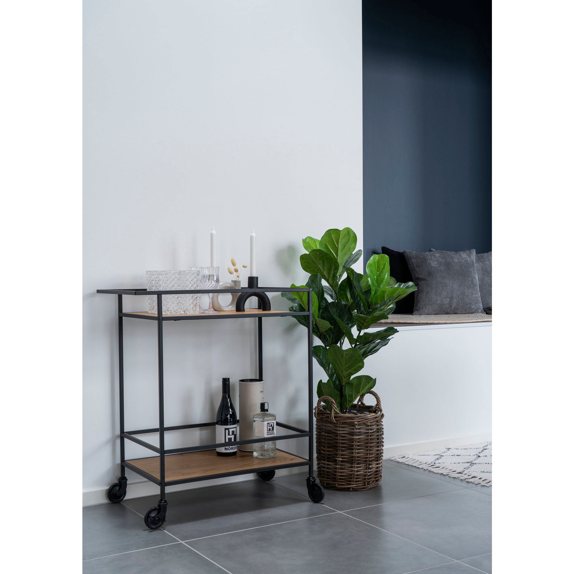 Vita Bar trolley - Bar trolley with 2 shelves, oak look, black frame 68x40x79 cm