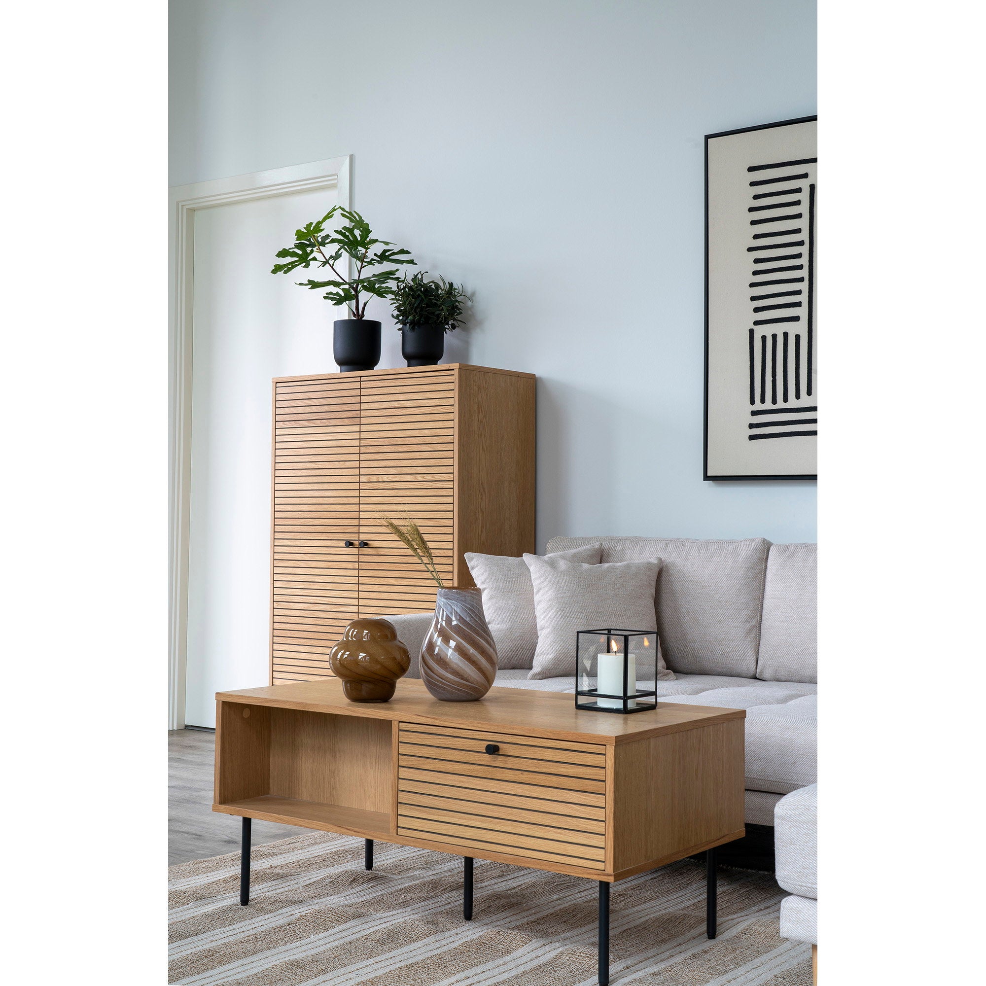 Kyoto Couchtisch – Eichenfurnier, natur, mit 2 Schubladen, 50×100×45 cm