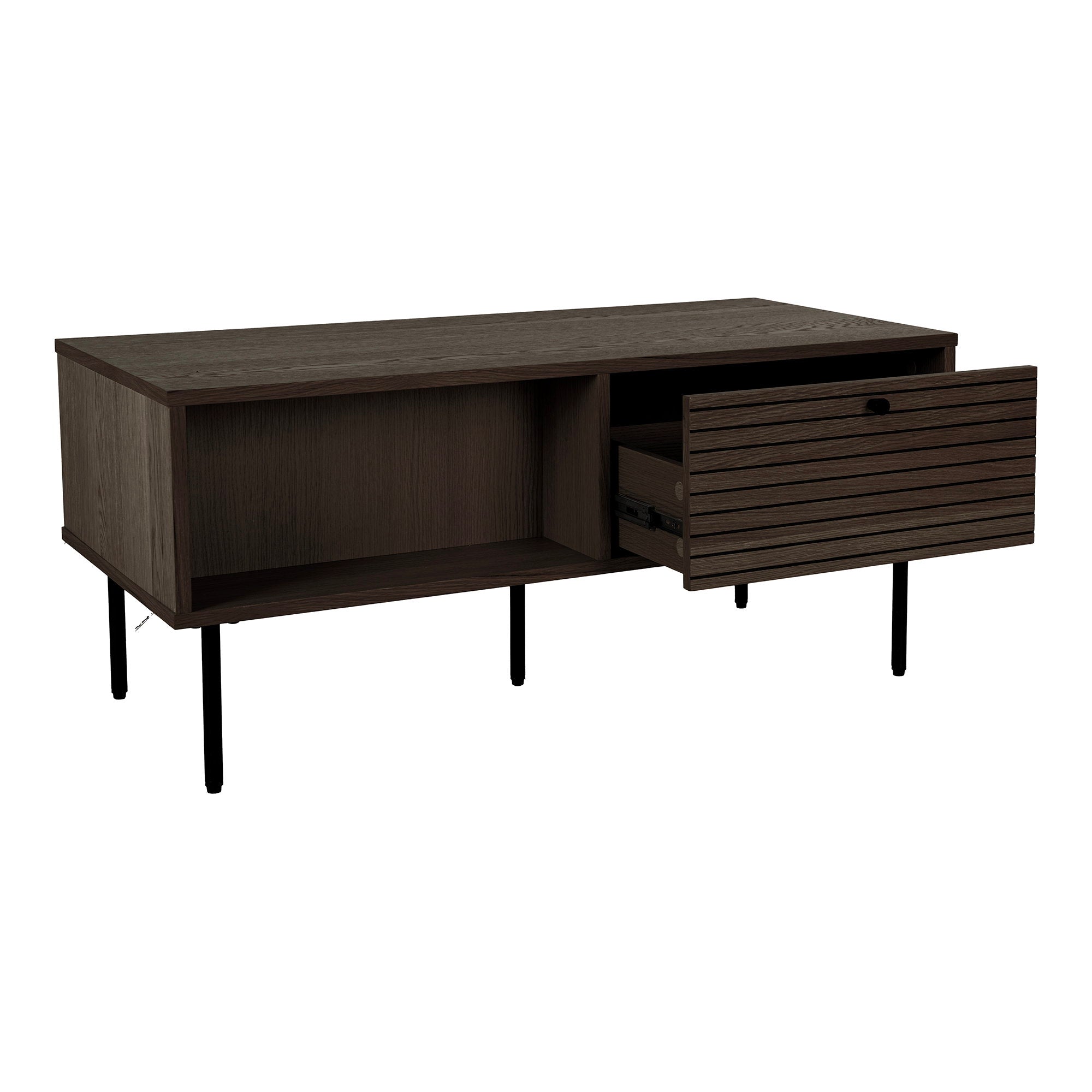 Couchtisch Kyoto - Couchtisch, 2 Schubladen, Eichenfurnier, geräuchert, schwarze Metallbeine 50x100x45 cm