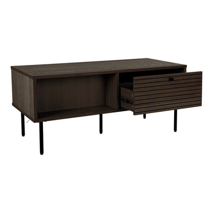 Couchtisch Kyoto - Couchtisch, 2 Schubladen, Eichenfurnier, geräuchert, schwarze Metallbeine 50x100x45 cm