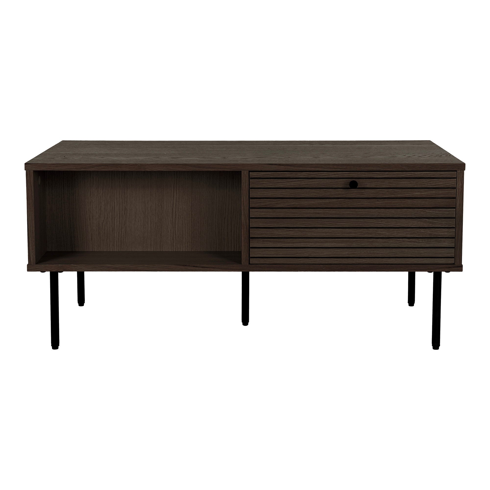 Couchtisch Kyoto - Couchtisch, 2 Schubladen, Eichenfurnier, geräuchert, schwarze Metallbeine 50x100x45 cm