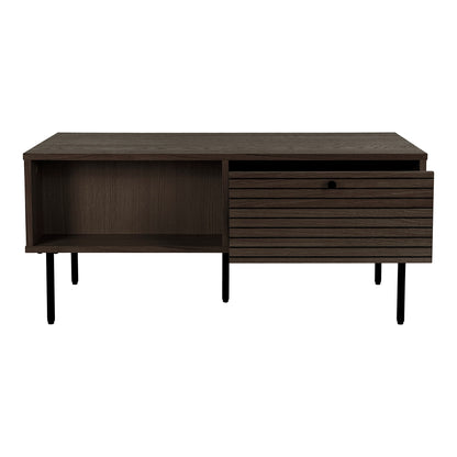 Couchtisch Kyoto - Couchtisch, 2 Schubladen, Eichenfurnier, geräuchert, schwarze Metallbeine 50x100x45 cm