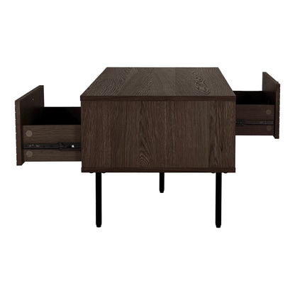 Couchtisch Kyoto - Couchtisch, 2 Schubladen, Eichenfurnier, geräuchert, schwarze Metallbeine 50x100x45 cm