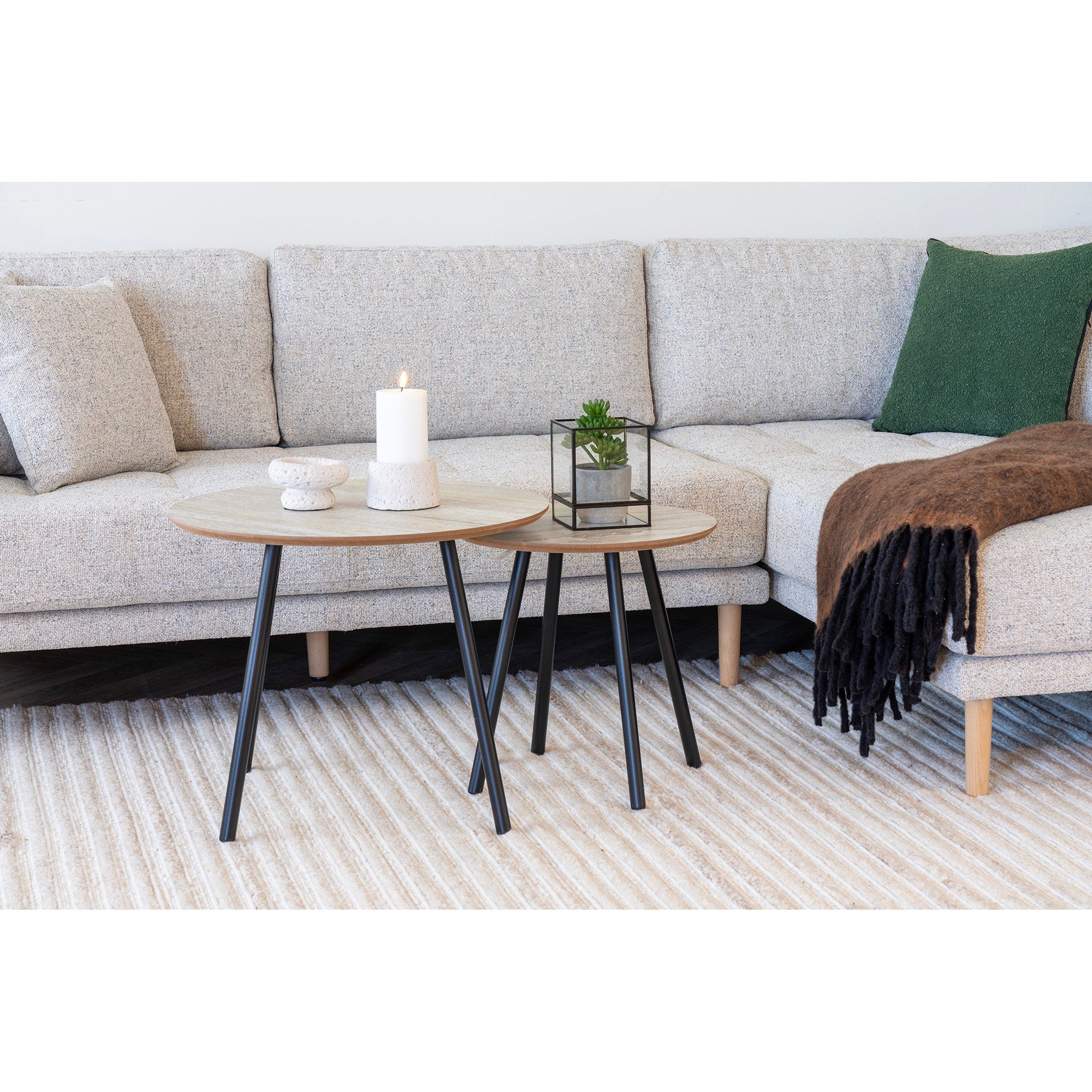 Aalst Couchtisch - Couchtisch, Travertin-Optik, schwarze Beine ø55x45 cm