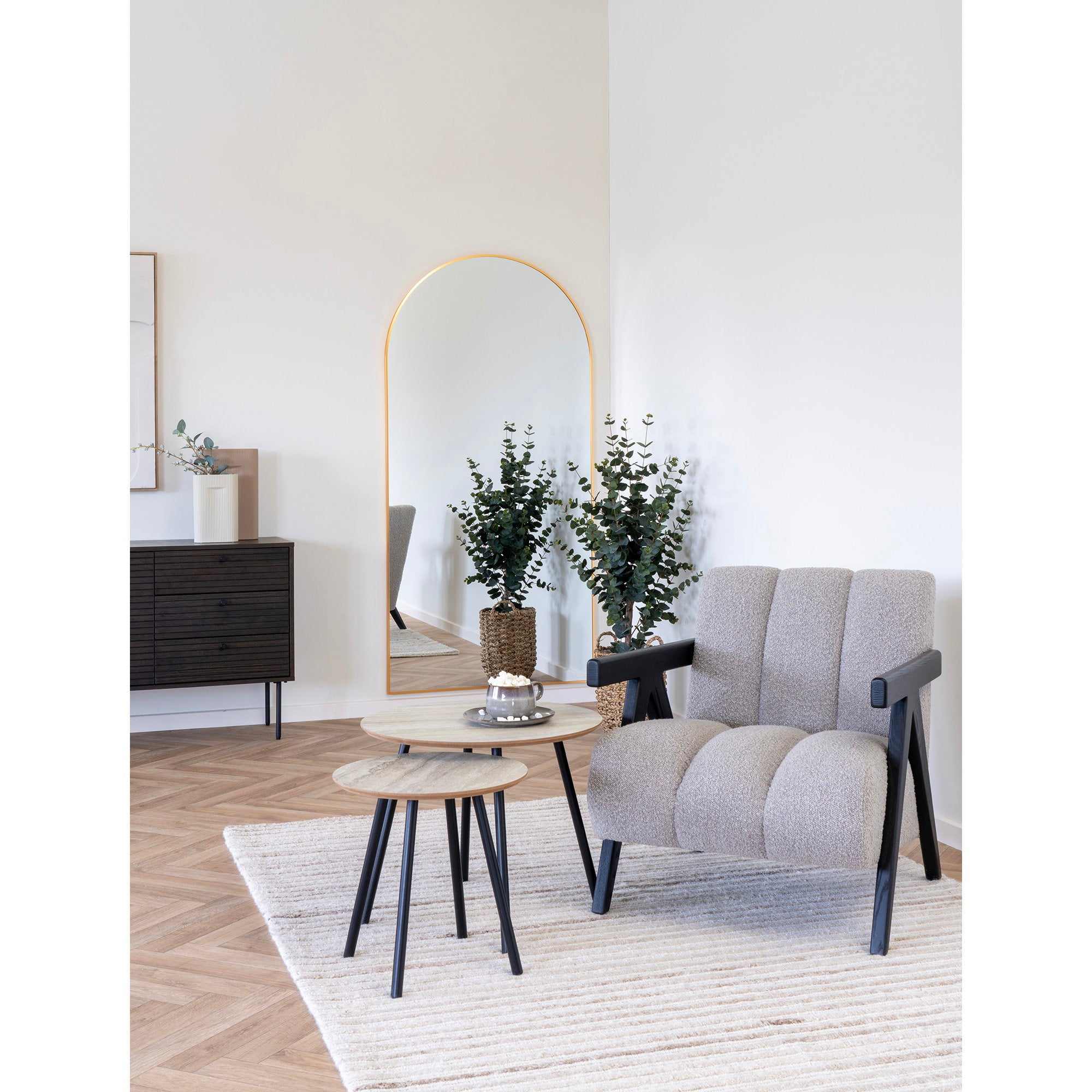 Aalst Couchtisch - Couchtisch, Travertin-Optik, schwarze Beine ø55x45 cm