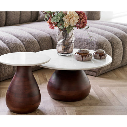 Salontafel Heide – mangohout en marmer, donkerbruin met wit, ø70x35 cm