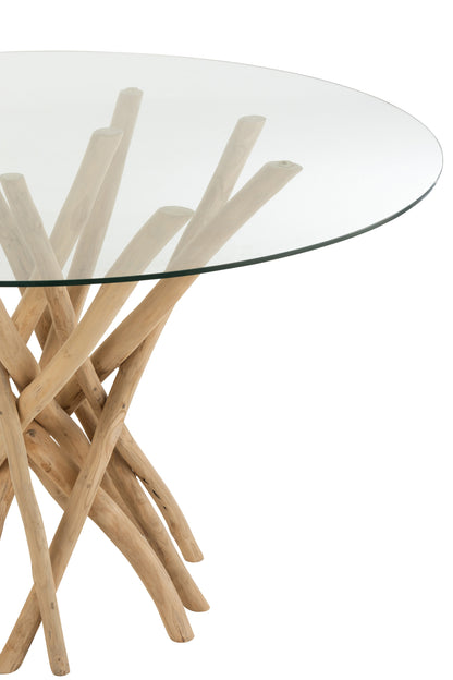 Dining Table Branches Round Teak Wood Natural/Glass