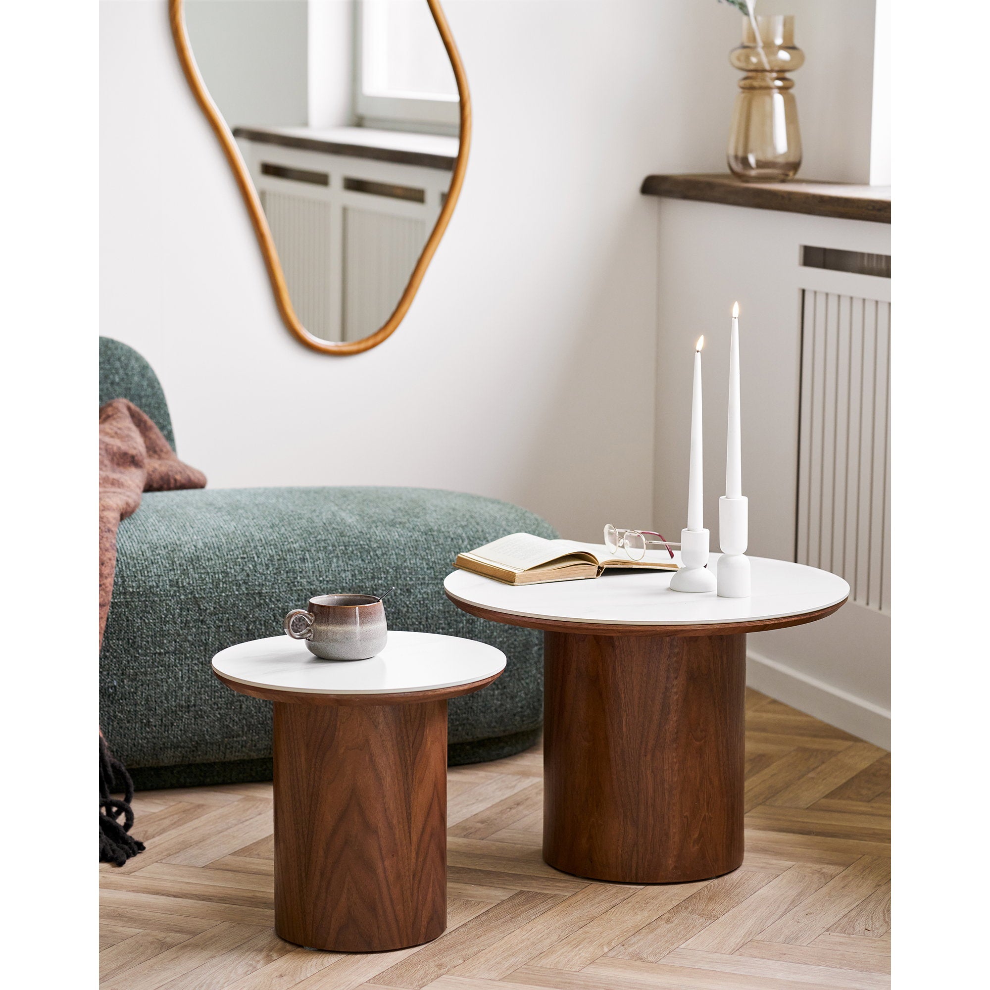 Noli Side Table - Side table, ceramic table top/ash veneer, white/dark brown ø40x38 cm
