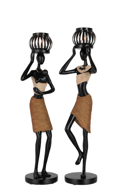 Tealight Holder On Head Of Figure Ethnic Poly Brown Assortment Of 2