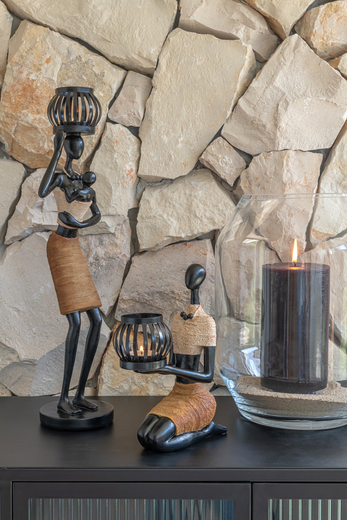 Tealight Holder On Head Of Figure Ethnic Poly Brown Assortment Of 2