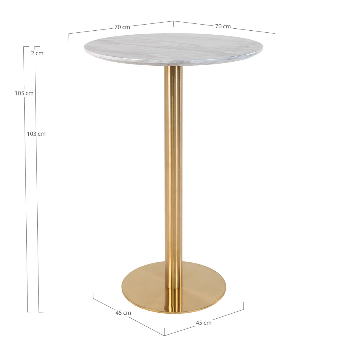 Bartafel Bolzano – marmerlook wit, messinglook, ø70×105 cm