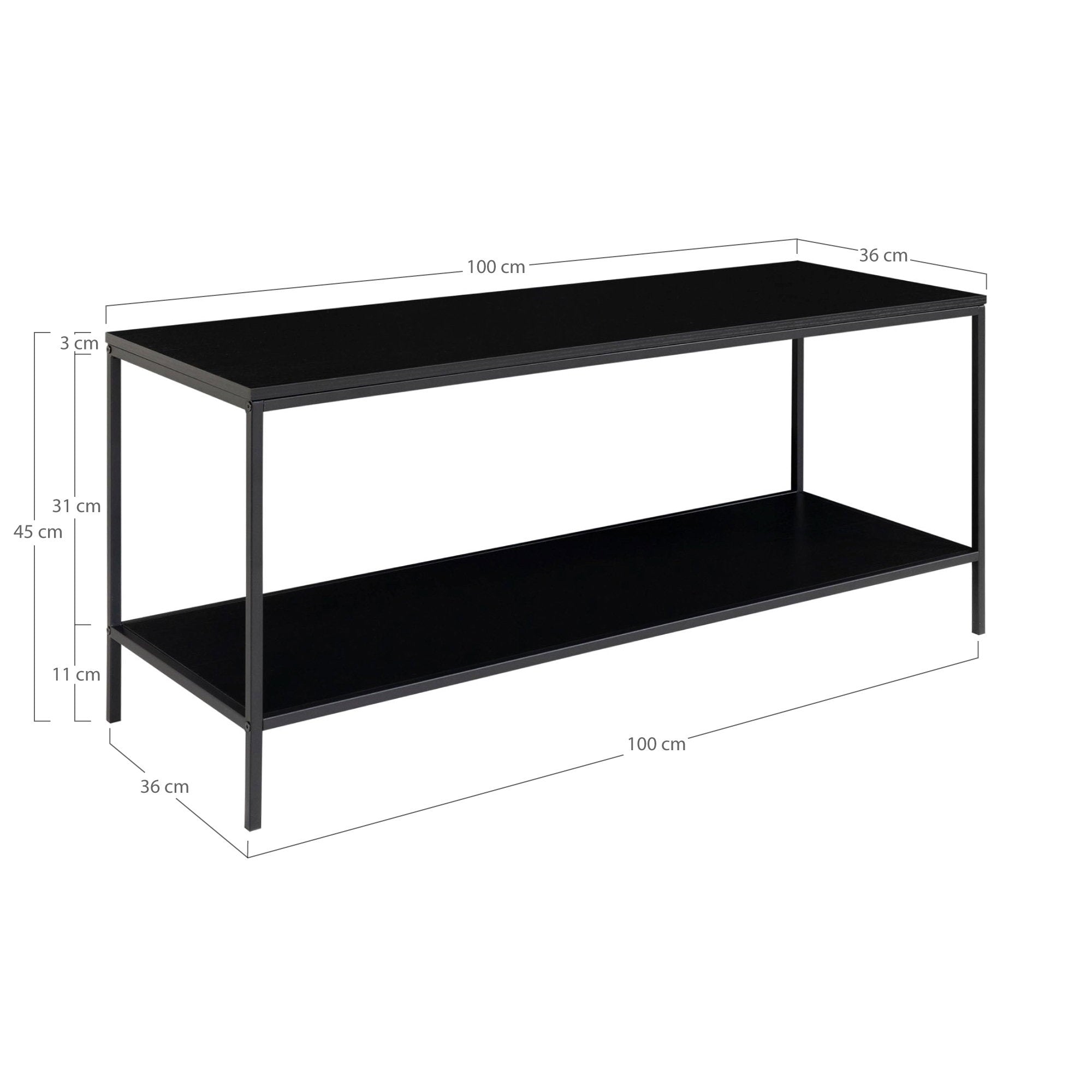 Vita TV-Ständer - TV-Möbel, 2 Ablagen, schwarz, schwarzer Rahmen 100x36x45 cm