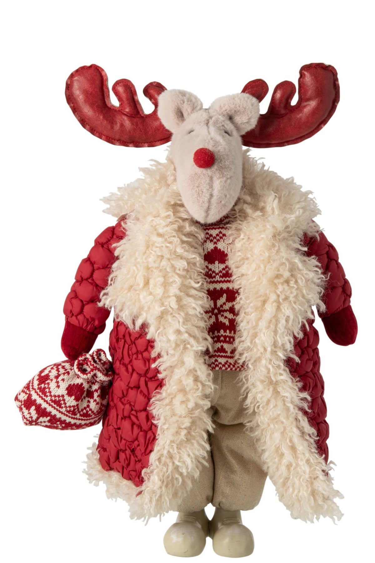 Eland met jas – polyester, kerstrood en beige, 31,5×19×48 cm