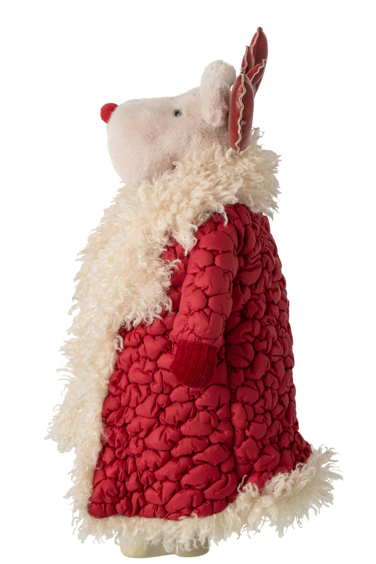 Eland met jas – polyester, kerstrood en beige, 31,5×19×48 cm