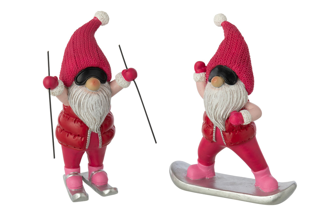 Kerstman op ski – set van 2, polyresin, fuchsia en kerstrood, 20,5 cm