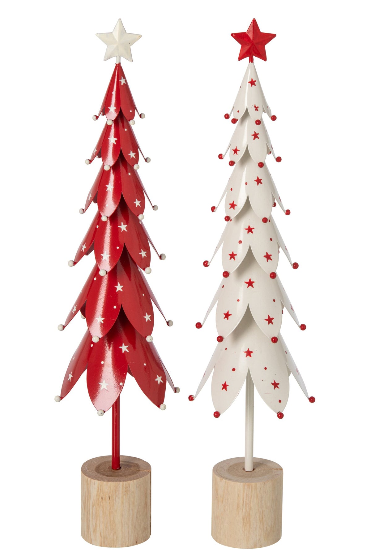 Kerstboom met sterren groot – set van 2, ijzer en paulowniahout, wit en kerstrood, 52 cm