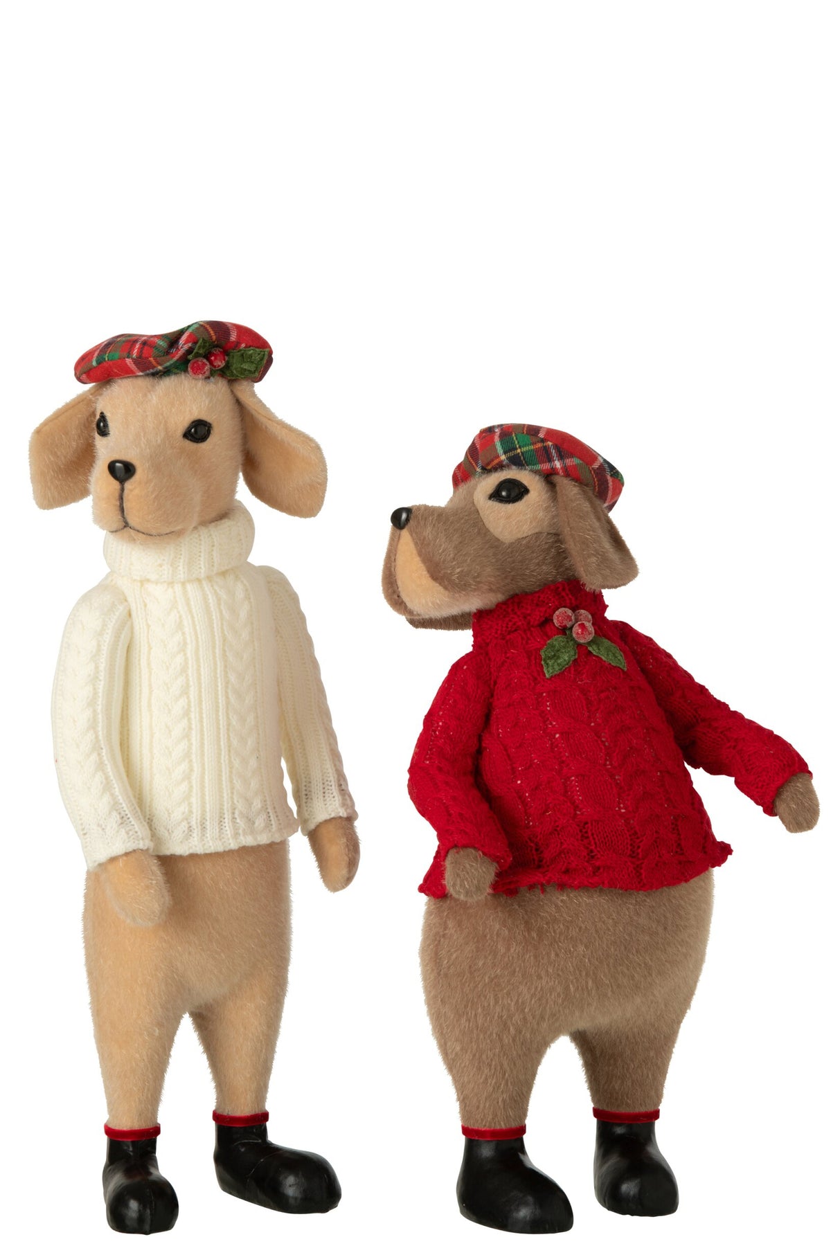 Hond met baret – set van 2, stof, beige en kerstrood, 45 cm