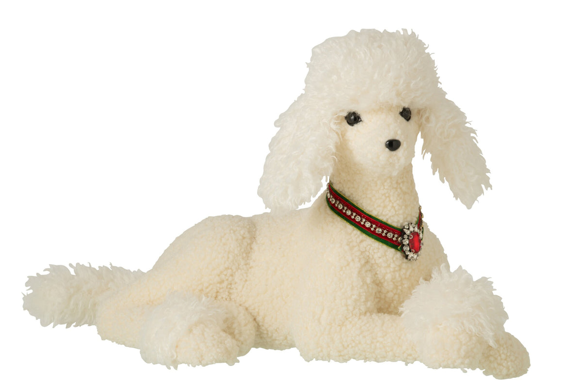 Poedel – stof, wit en kerstrood, 54×31×35 cm