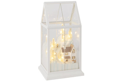 Kerstdorp met LED klein – glas en kunststof, wit en goud, 18×15×33 cm
