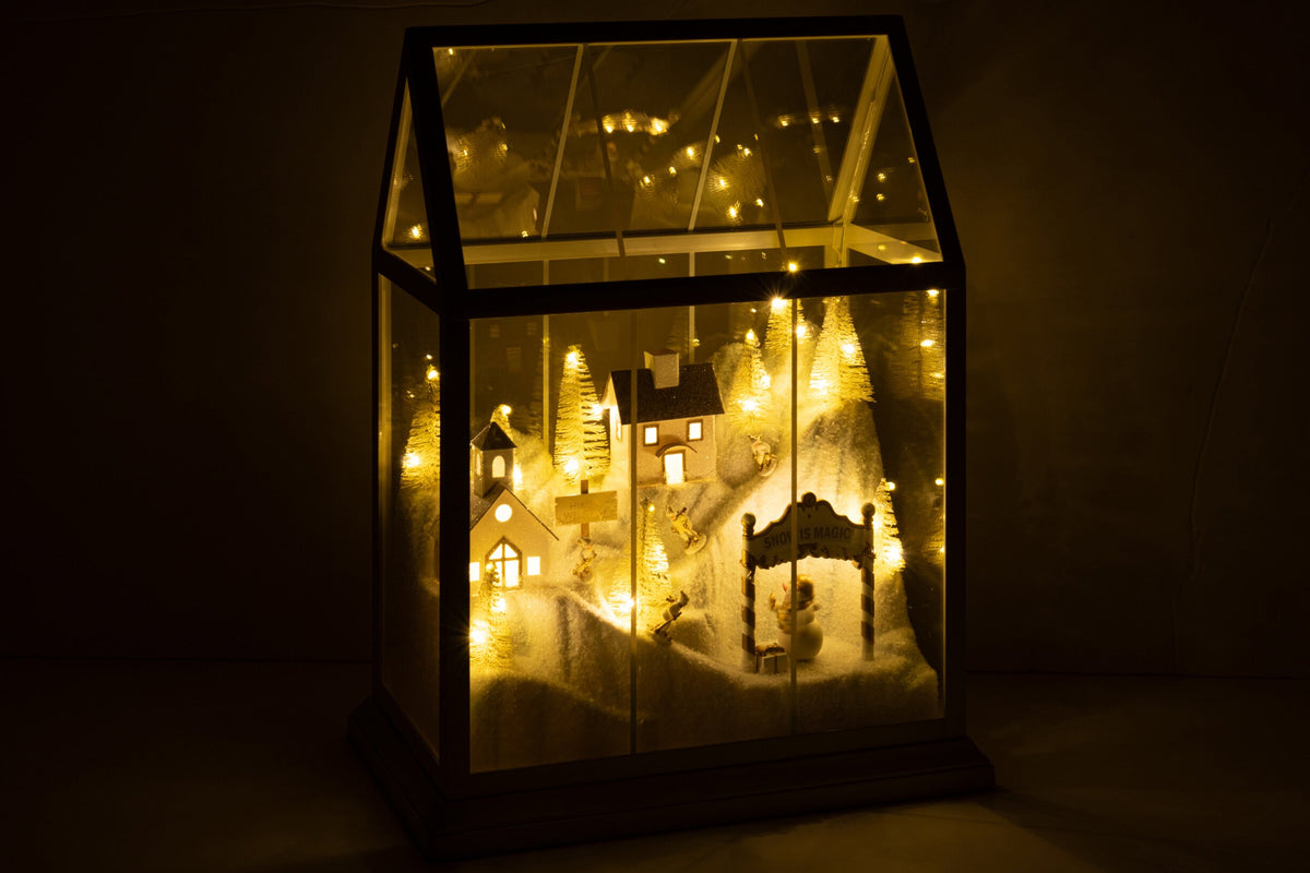 Kerstdorp met LED middel – glas en kunststof, wit en goud, 25,5×15×33 cm